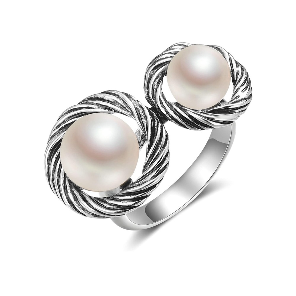 NEW Double Pearl Silver Cable Twist Ring Statement Cocktail Ring Simulated Pearl